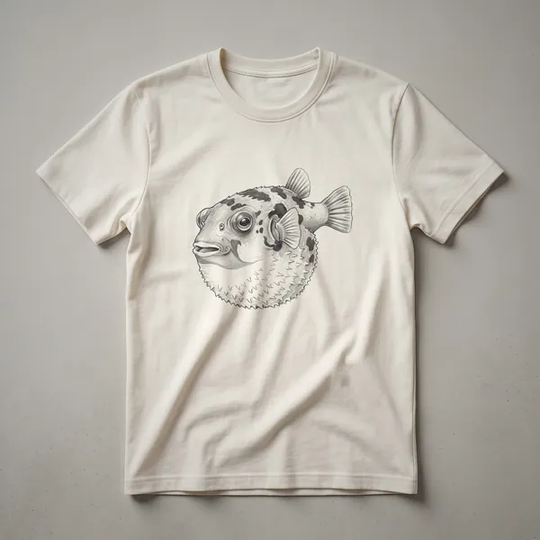A black line drawing of a pufferfish on a white t-shirt, showcasing its round body and fins.