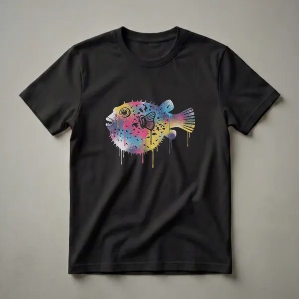 A black t-shirt featuring a colorful pufferfish illustration with spray paint splatters and dripping paint effects in yellow, pink, and blue.