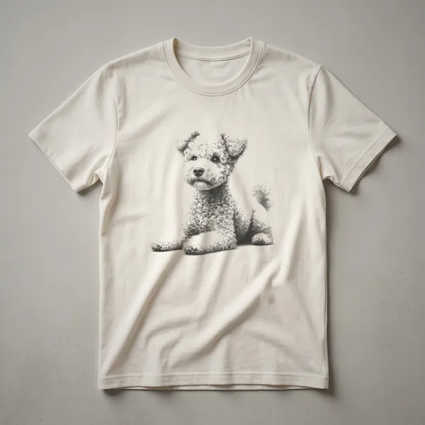 A vintage-style drawing of a Pumi dog in a seated position, rendered with textured lines, on a dark heather grey t-shirt.