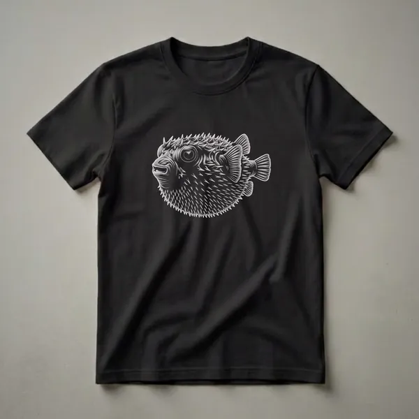 Black and white graphic t-shirt featuring a detailed illustration of a pufferfish with its spines extended, set against a black background.