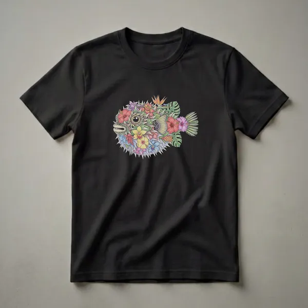 A black t-shirt featuring a detailed illustration of a pufferfish covered in colorful tropical flowers like hibiscus and orchids, with green leaves and palm fronds.