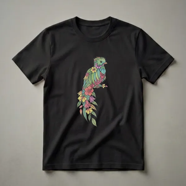 Black t-shirt with a tall Resplendent Quetzal illustration whose body and long flowing tail are composed of colorful tropical flowers and leaves in green, yellow, red, pink, and orange.