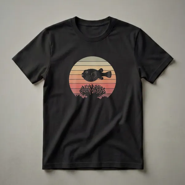 Black pufferfish silhouette above coral against a retro sunset graphic with horizontal lines, on a black t-shirt.