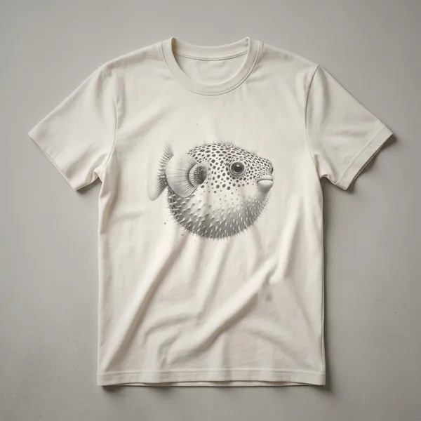 Black and white sketch of a pufferfish, showcasing its textured body and distinctive eye, on a dark t-shirt.