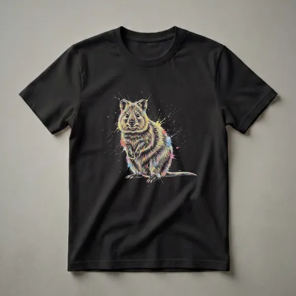 Black t-shirt featuring a quokka drawn in a colorful splatter paint style with yellow, pink, blue, and green paint splashes.