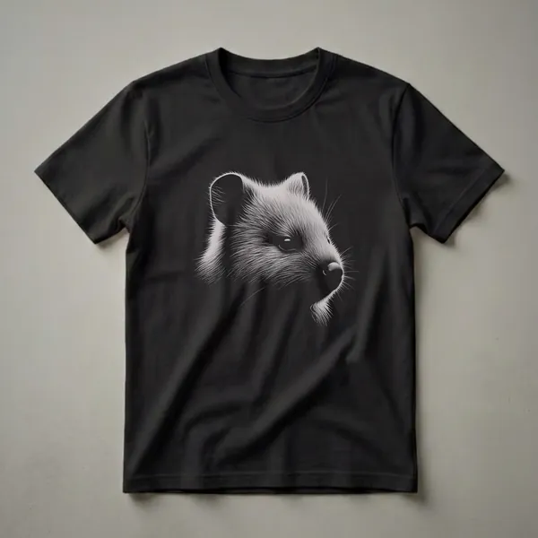 Black t-shirt with a detailed monochromatic drawing of a quokka's head in white and grey, facing right, against a black background.