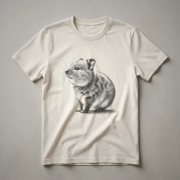 Black and white sketch of a quokka sitting, rendered with fine linework, on a black t-shirt.