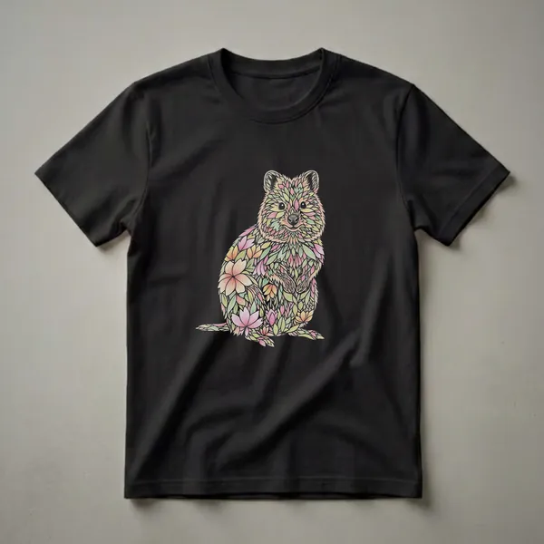 Black t-shirt featuring a quokka illustration composed of colorful floral and leaf patterns in pink, yellow, and green with black outlines.