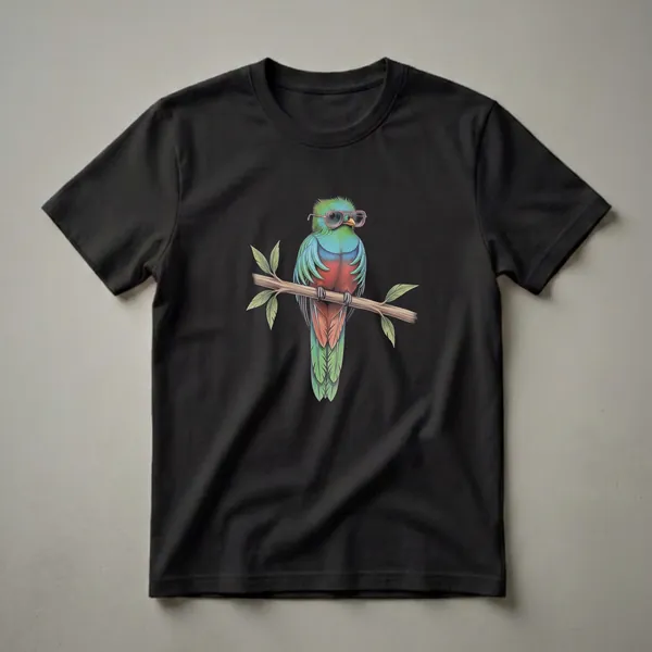 A black t-shirt featuring a detailed drawing of a colorful Resplendent Quetzal bird with green, blue, and red feathers, wearing pink sunglasses and perched on a brown branch with green leaves.