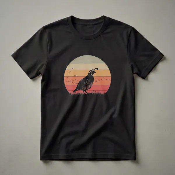 Black silhouette of a California quail standing in grass against a retro sunset with orange, yellow, and grey stripes, and distant mountains and birds.