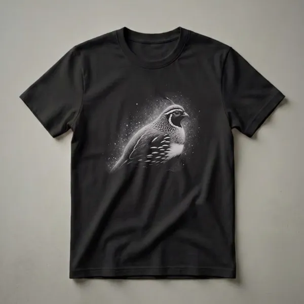 Black and white sketch of a Gambel's Quail bird with a prominent crest and speckled chest, set against a dark, speckled background, printed on a black t-shirt.