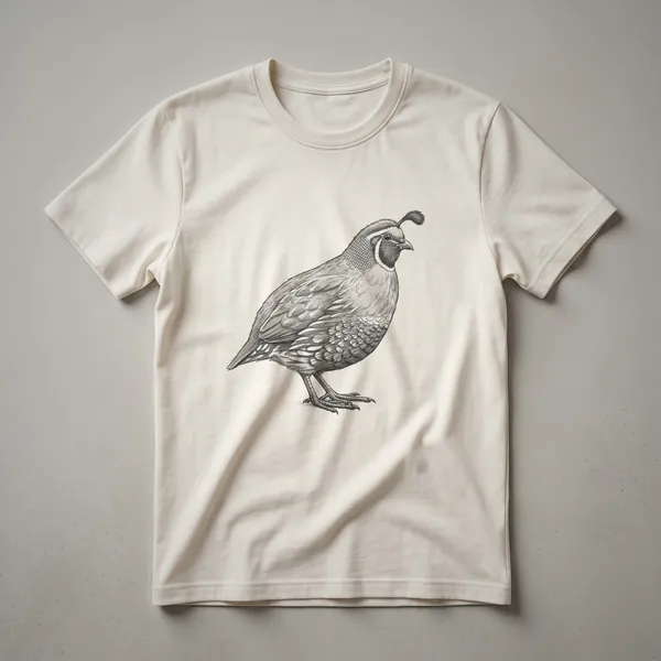 A black t-shirt featuring a detailed white line drawing of a quail bird in profile, facing right, with its crest visible.