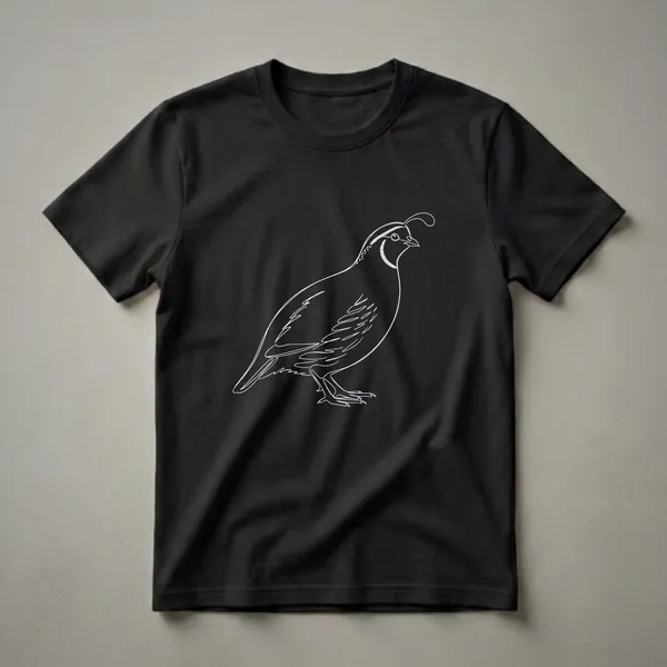 Black t-shirt with a white line art drawing of a California quail in three-quarter profile with its distinctive forward-curving topknot plume visible.
