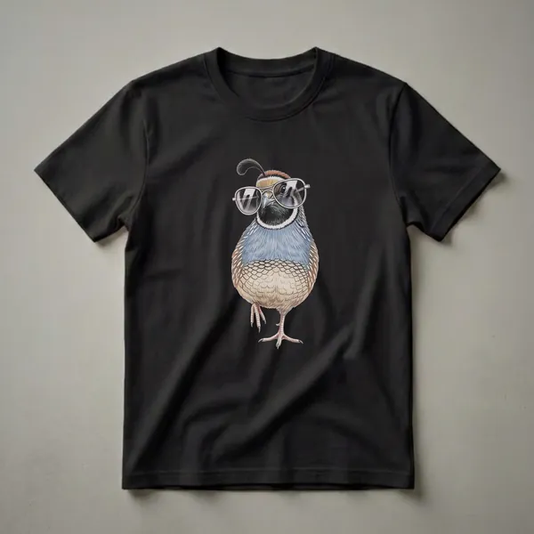 A detailed drawing of a quail bird wearing aviator sunglasses, standing on one leg against a black background, printed on a t-shirt.