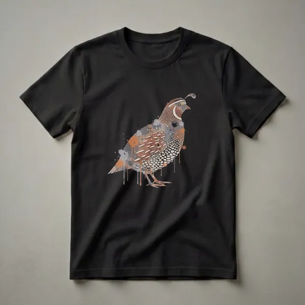 Black t-shirt with a vintage-style artistic drawing of a California Quail, rendered with brown, grey, and white splatter paint effects.