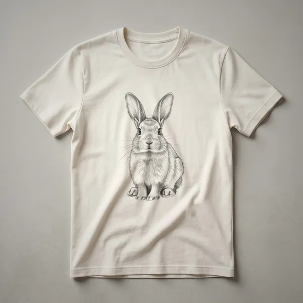 A black t-shirt featuring a detailed vintage line drawing of a rabbit in a seated position, with prominent ears and whiskers.
