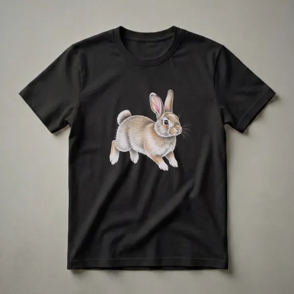 A realistic colored pencil drawing of a brown and white rabbit with pink-lined ears, captured in a dynamic pose against a black background, printed on a t-shirt.