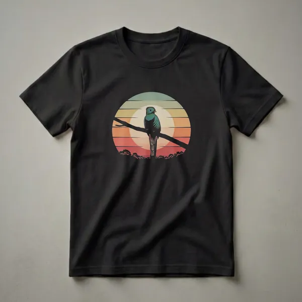 A black t-shirt featuring a retro graphic design of a Resplendent Quetzal bird perched on a branch against a layered sunset with silhouetted trees.