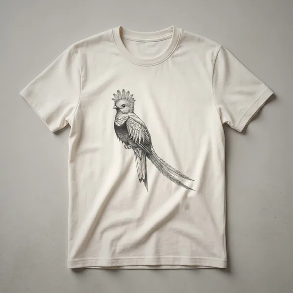 A black and white line drawing of a Resplendent Quetzal bird with a prominent crest and long tail feathers, displayed on a dark background.