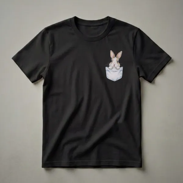 Black t-shirt with a detailed pencil drawing of a cute, young rabbit with brown and white fur peeking over the top edge of a light blue denim pocket.