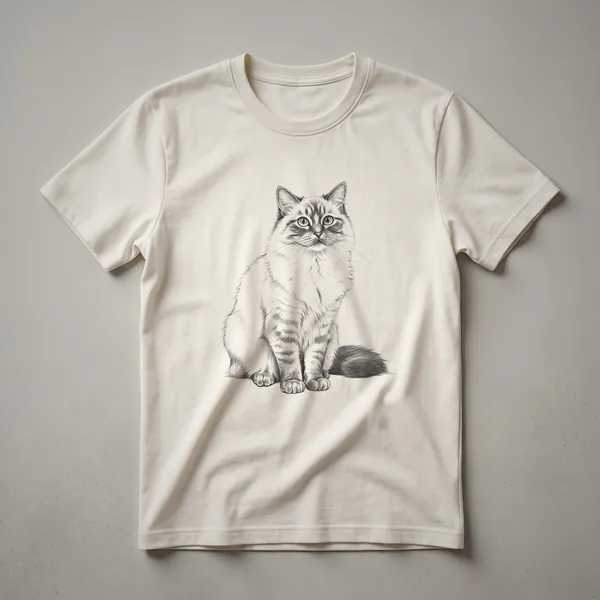 A black and white sketch of a fluffy cat with large eyes and a bushy tail, sitting down, on a black t-shirt.