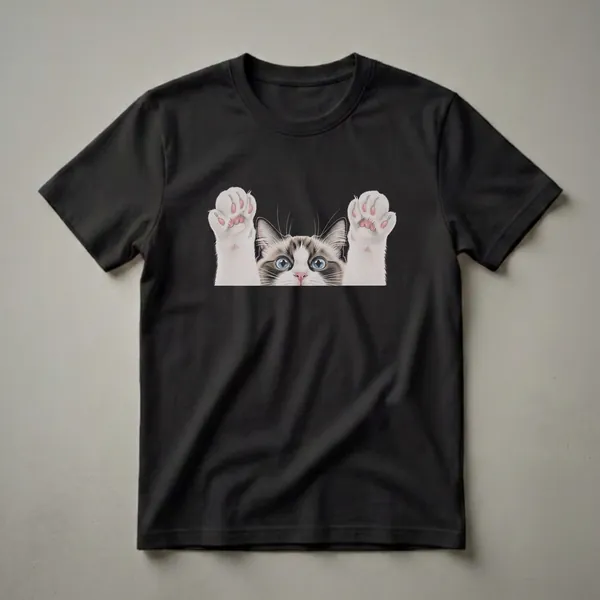 Black t-shirt featuring a realistic drawing of a Ragdoll cat's face with blue eyes and raised white paws with pink toe beans against a black background.