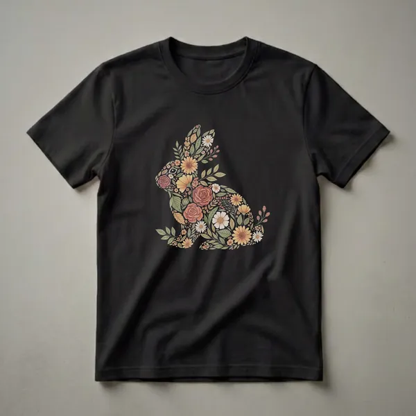 Black t-shirt featuring a rabbit silhouette composed of watercolor flowers and leaves in shades of orange, yellow, green, and white.