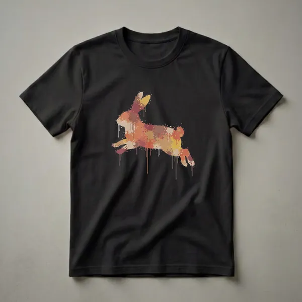 Black t-shirt featuring a silhouette of a rabbit in motion, filled with a colorful splatter paint design and dripping paint effects in shades of orange, brown, and yellow.