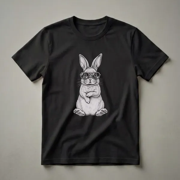 A black t-shirt featuring a detailed pencil sketch of a rabbit wearing sunglasses and sitting with its arms crossed.