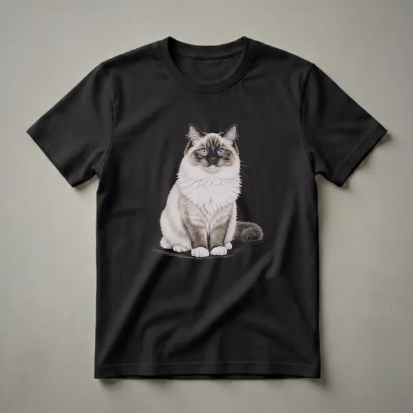 A detailed drawing of a Ragdoll cat with blue eyes and a fluffy cream and brown coat, sitting on a black background, printed on a t-shirt.