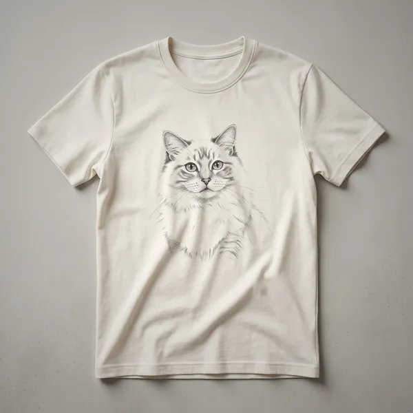 Black and white line drawing of a cat's face, featuring large eyes and detailed fur texture, printed on a black t-shirt.