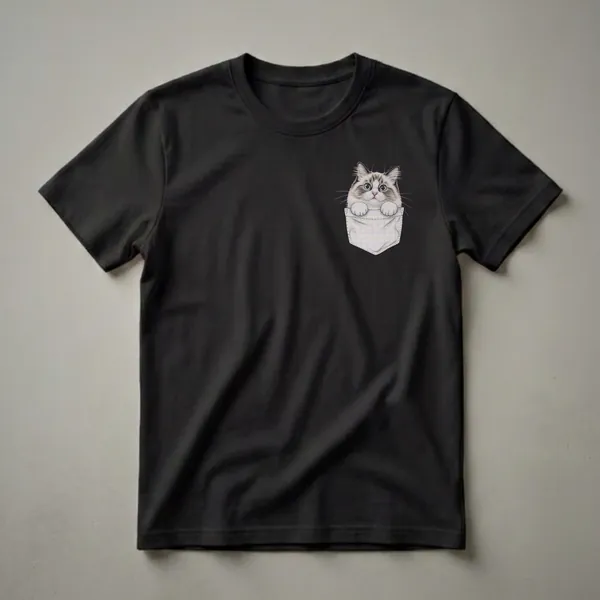 Black t-shirt featuring a drawing of a fluffy Ragdoll cat with blue eyes peeking out of a light-colored plaid pocket.