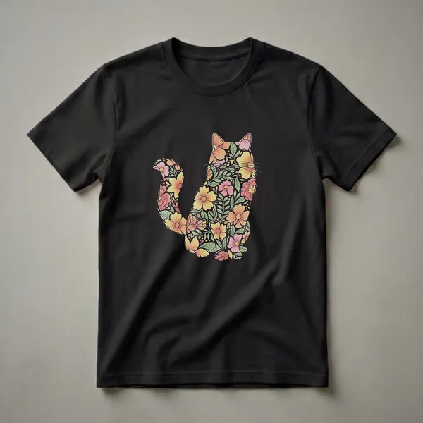 Black t-shirt featuring a cat silhouette filled with a watercolor floral pattern in shades of pink, orange, and yellow with green leaves.
