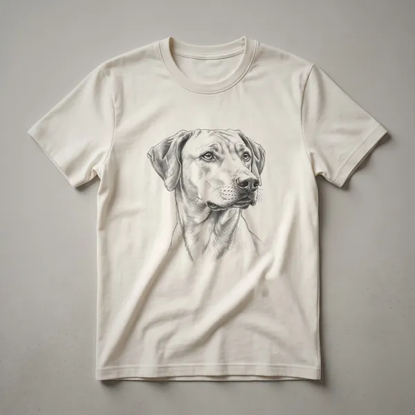 Black and white line art drawing of a Rhodesian Ridgeback dog's head, depicted in profile facing left, on a black t-shirt.