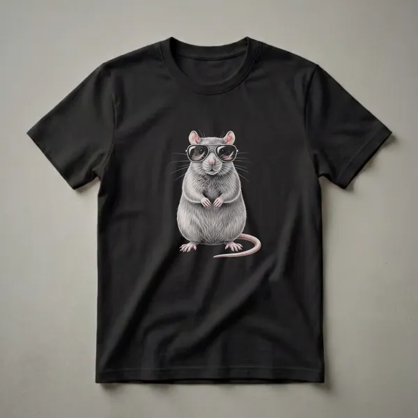 Black t-shirt with a detailed drawing of a grey rat wearing black aviator sunglasses, its paws clasped in front, against a black background.