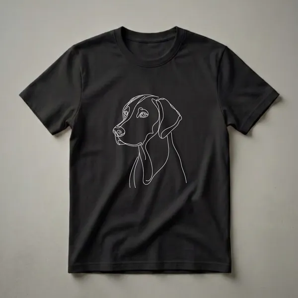 Black t-shirt with a white line art drawing of a Rhodesian Ridgeback dog's head in profile, showcasing its noble features and elegant structure.