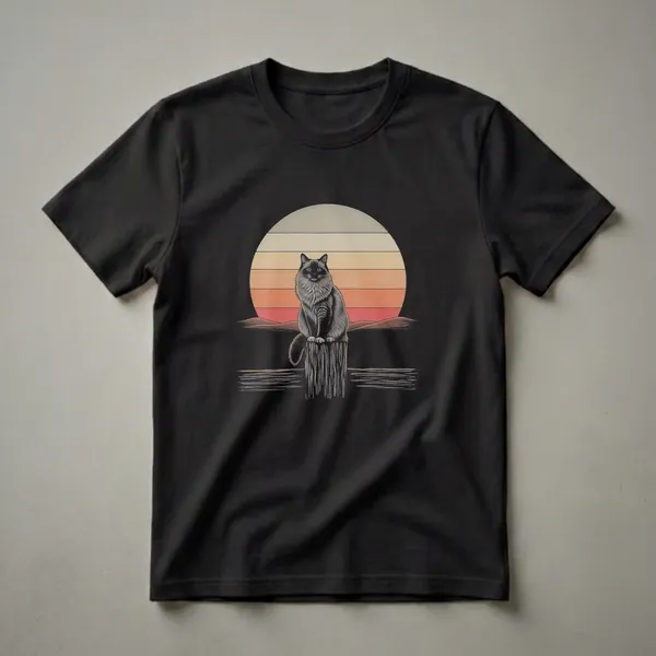 Black t-shirt with a vintage drawing of a fluffy Ragdoll cat sitting on a wooden post against a retro sunset with horizontal stripes.