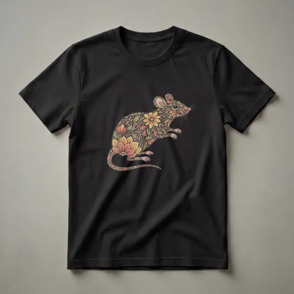 A black t-shirt featuring a detailed drawing of a rat filled with colorful floral and leaf patterns in vintage art style.