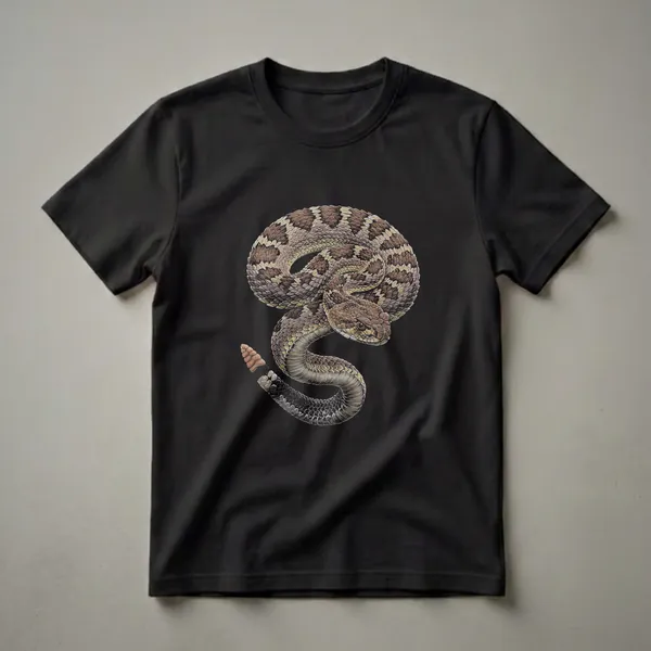 A detailed drawing of a coiled rattlesnake with brown and tan scales, set against a plain black background, printed on a black t-shirt.