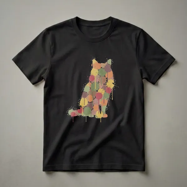 Black t-shirt with a silhouette of a sitting cat filled with colorful paint splatters and drips in shades of green, yellow, orange, and burgundy.