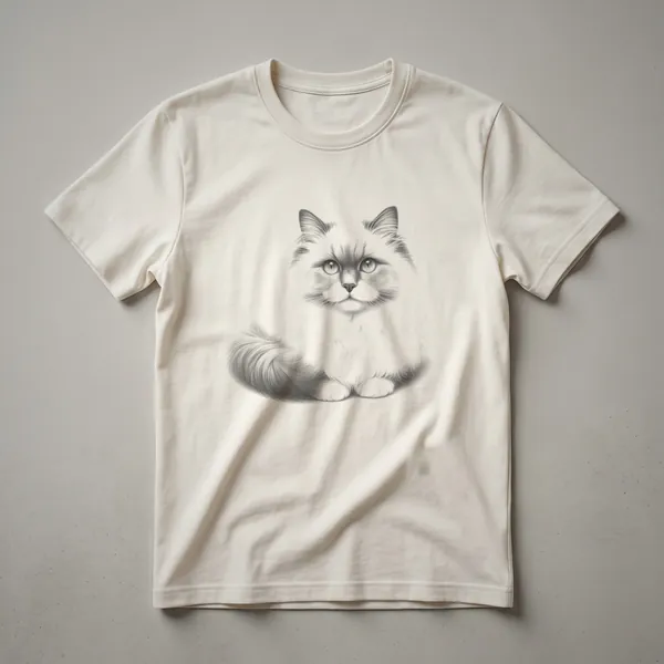 A black t-shirt with a vintage line drawing of a fluffy Ragdoll cat's face and upper body in white outline.