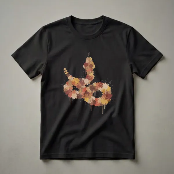 Black t-shirt with a rattlesnake graphic created from brown, tan, and red paint splatters, with a segmented tail and subtle tongue detail.