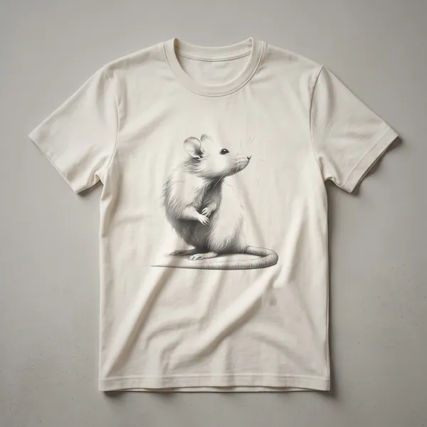 Black and white sketch of a rat in profile, showing fine linework detail on its fur and tail, printed on a t-shirt.