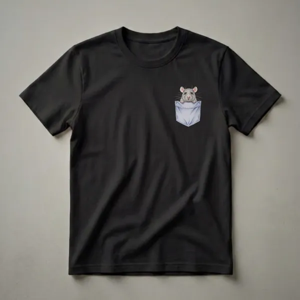 A black t-shirt featuring a detailed pencil drawing of a cute, grey rat peeking over the top edge of a light blue denim pocket.