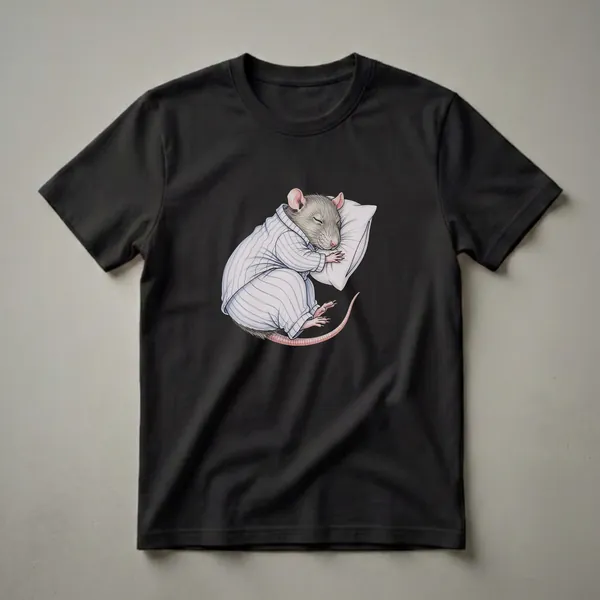 A grey rat wearing blue and white striped pajamas is sleeping soundly on a white pillow, depicted in a detailed drawing style.