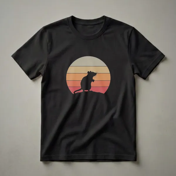 Black silhouette of a rat standing on a mound against a retro sunset with horizontal stripes of beige, yellow, orange, and red.