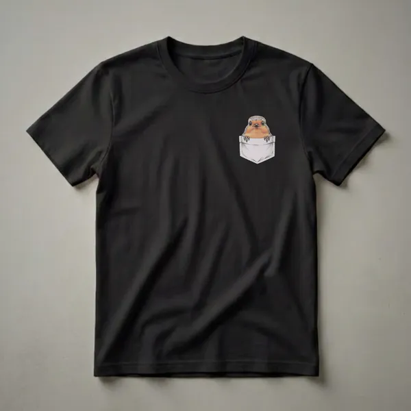 Black t-shirt with a pencil drawing of a European robin bird peeking out of a white pocket on the upper right side.