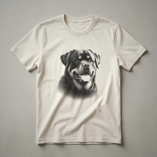 Black and white line drawing of a Rottweiler's head on a black t-shirt, showcasing its face with alert ears and a slightly open mouth.