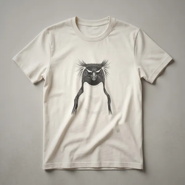 Black and white sketch of a Rockhopper Penguin's head with spiky yellow crest feathers and intense eyes, printed on a t-shirt.