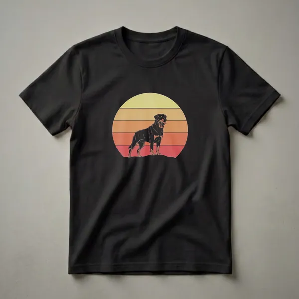 Black Rottweiler dog standing in front of a retro sunset with yellow, orange, and red horizontal stripes, on a black t-shirt.